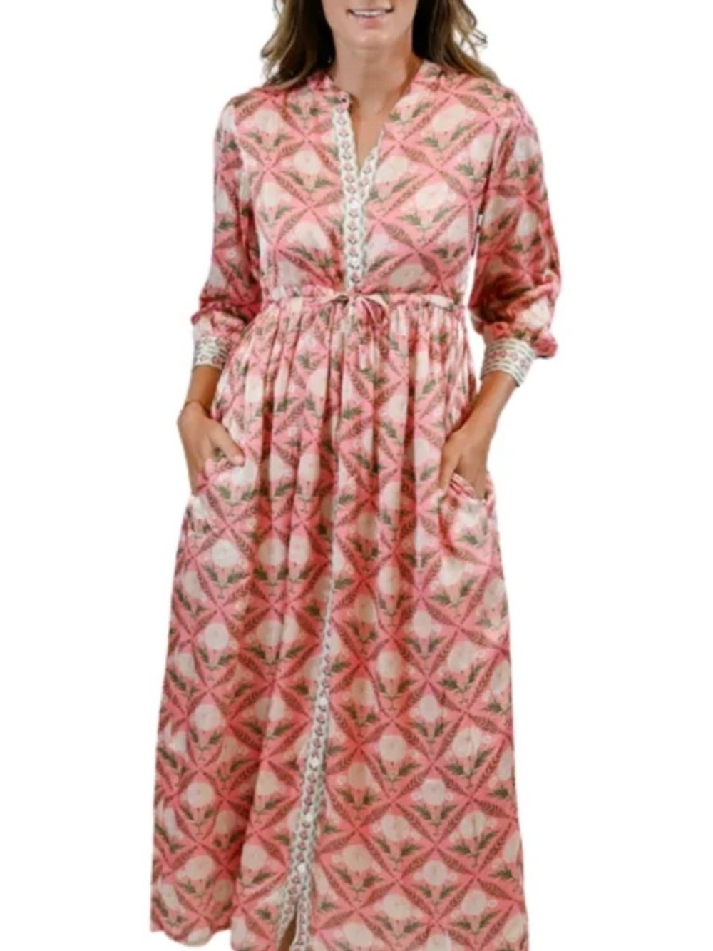 Victoria Dunn NWT Large 21 Ptp Boho Pink Printed Maxi Dress with Lace Trim